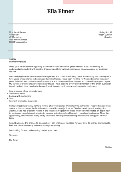 The “Sharp” cover letter template, with your name upfront and easy-to-spot sections, uses smart design to make your application pop.