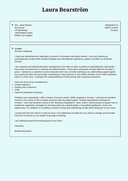 Cover-standard cover letter template made by Kickresume cover letter builder